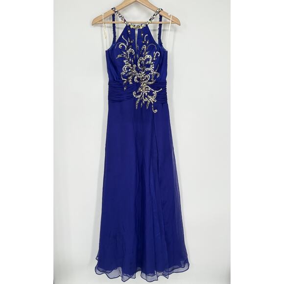 Mac Duggal Beaded Sequin Halter Maxi Prom Dress Cut-Out Open Back Sparkle Gown - Picture 2 of 13